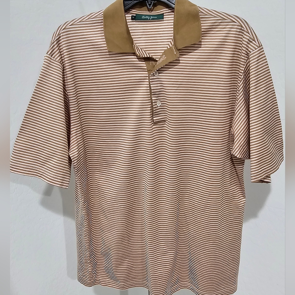 Bobby Jones Men's Brown and Cream Striped Golf Polo - Medium